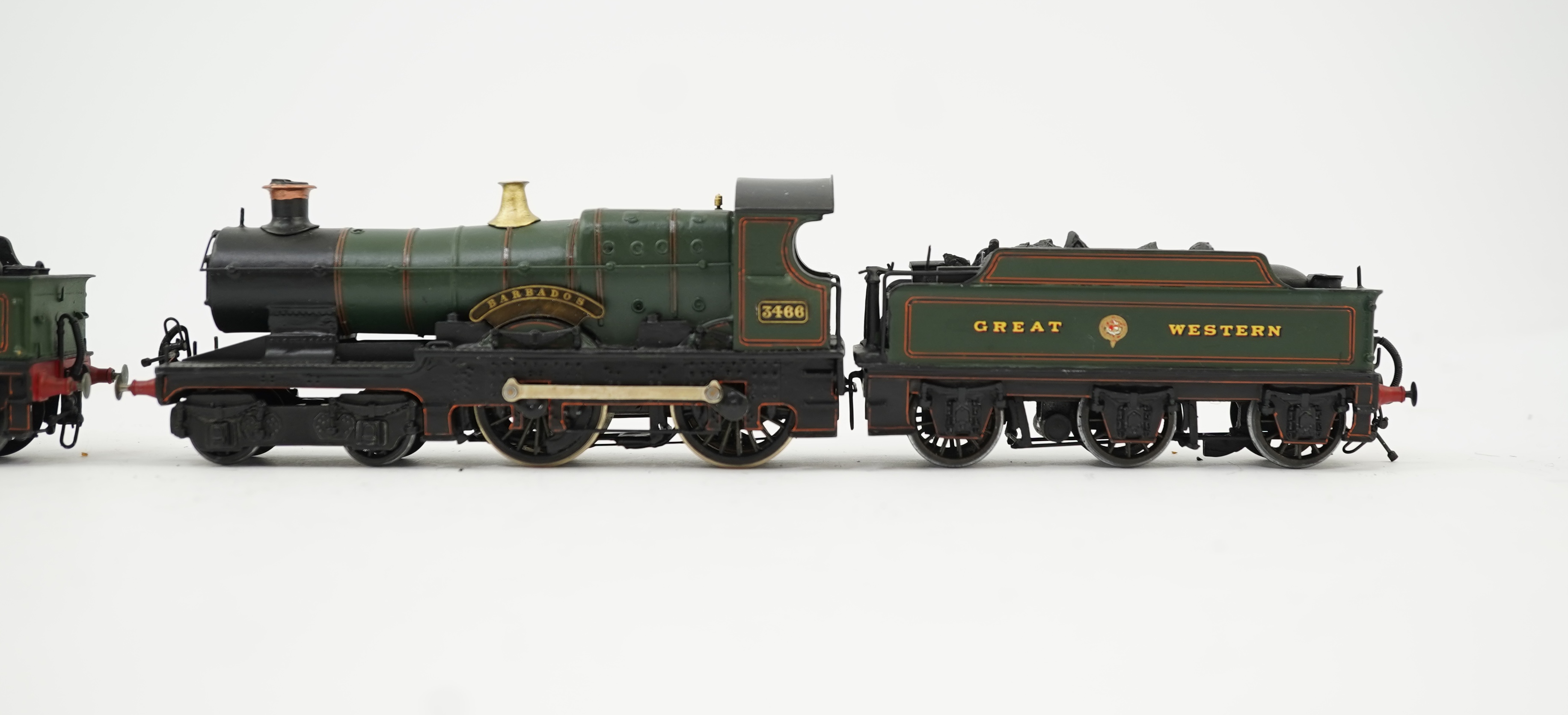 Two 00 gauge brass and white metal kit built GWR tender locomotives; a 4-4-2, Alliance 104, together with a Bulldog class 4-4-0, Barbados 3466, constructed, painted and lined to a high standard, both motored for two rail